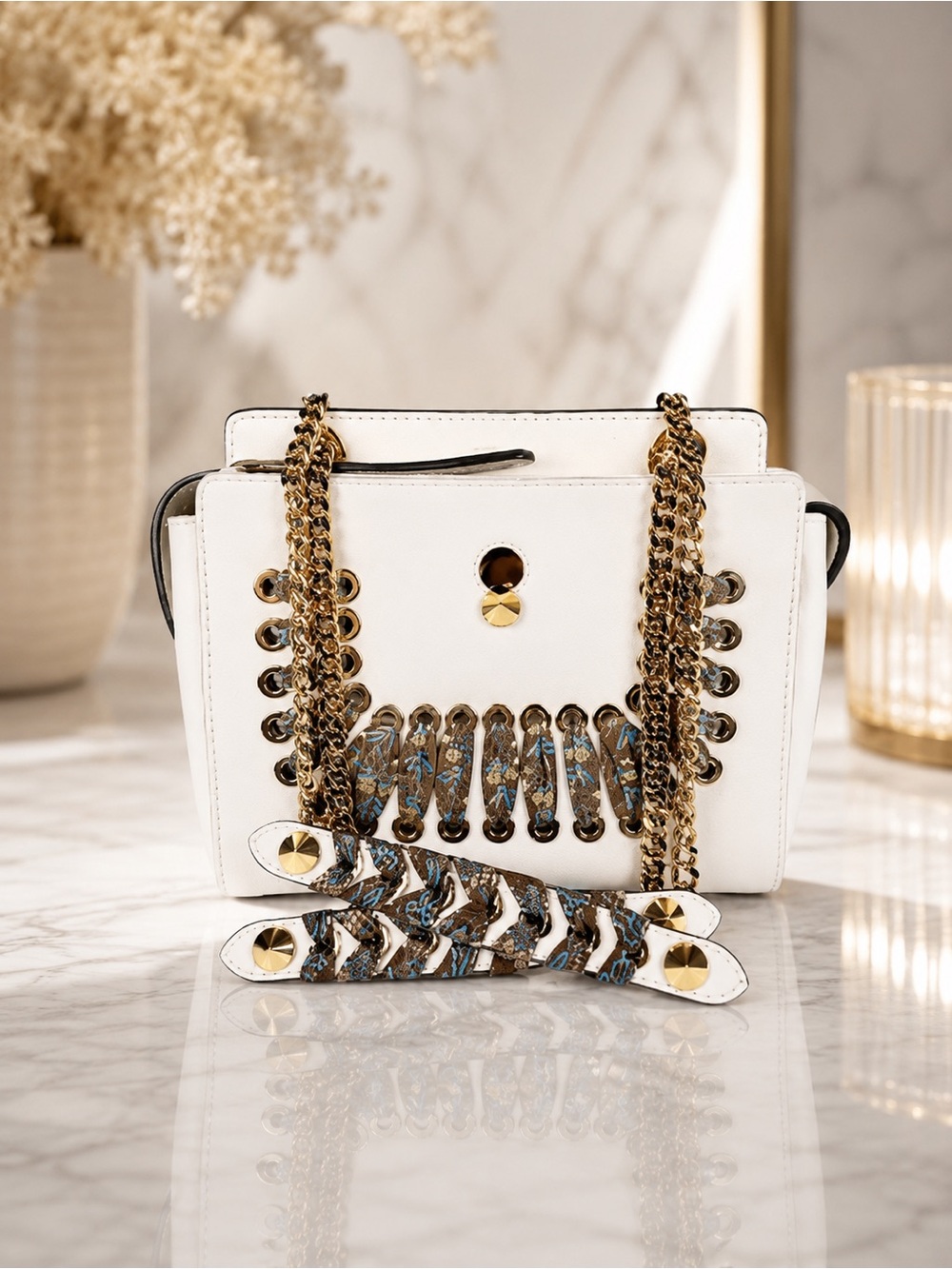 Fendi White Leather & Lace DotCom Chain Shoulder Bag | Full Inclusion | Like New
